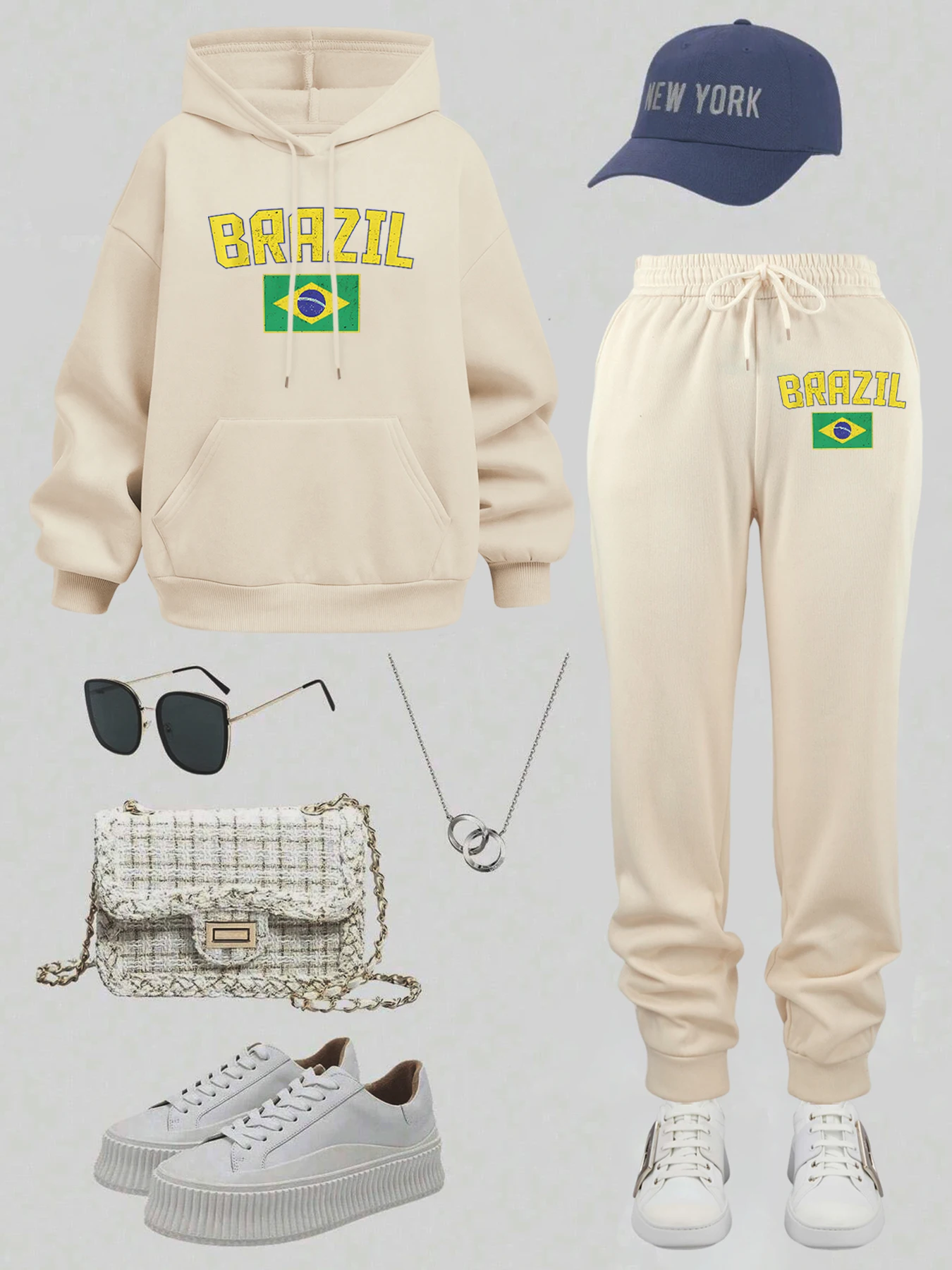 ชุดฮู้ดดี้แฟชั่นผู้หญิงลายตัวอักษรและธงชาติบราซิล พร้อมกางเกงวอร์มทรงหลวม สไตล์ลำลอง สำหรับออกกำลังกาย วิ่งจ๊อกกิ้ง สตรีทแวร์ ผ้าฟลีซ สำหรับฤดูใบไม้ร่วง