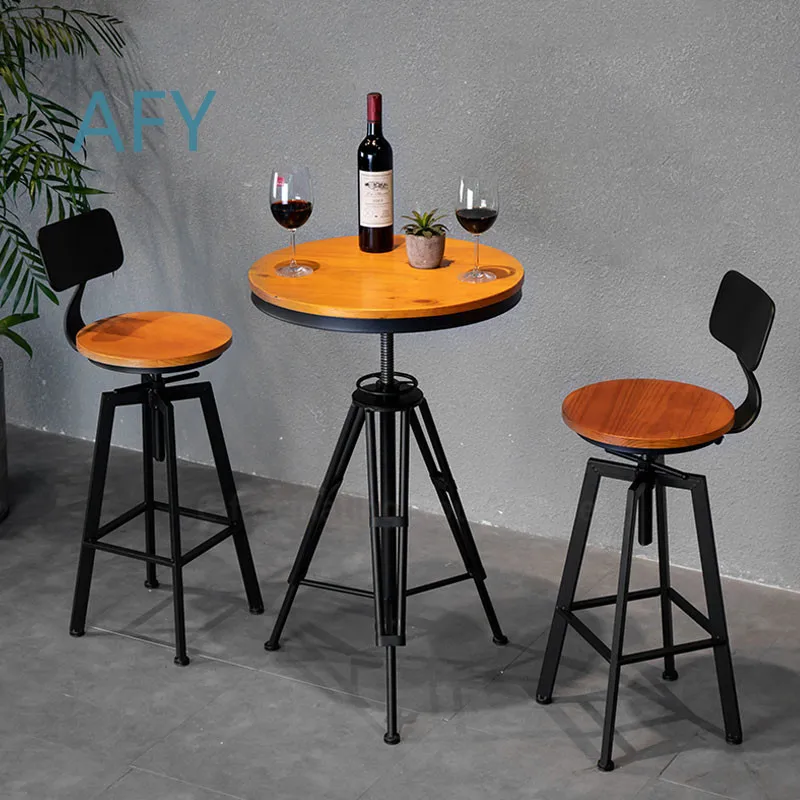 Adjustable Swivel Bar Stool for Wrought Iron Solid Wood High Stool Retractable Height Industrial Style Leisure Dining Chair