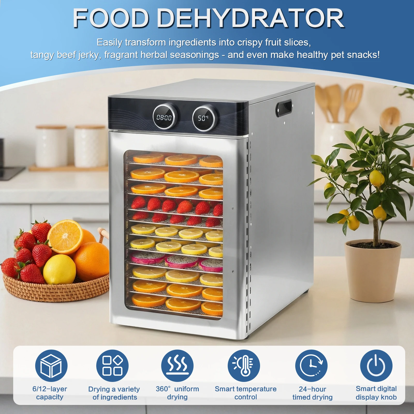 

Электрическая сушилка для продуктов с 12 лотками из нержавеющей стали, сушилка для мяса с контролем температуры до 194°F для фруктов, овощей, мяса, морепродуктов