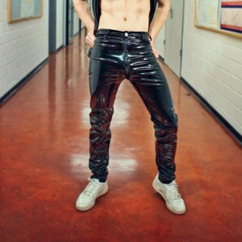 Sexy Leather Zipper Open Crotch PVC Pants for Men Shiny Wetlook Leggings Latex Chaps Stage Clubwear Costume Fetish Gay Sex Pants