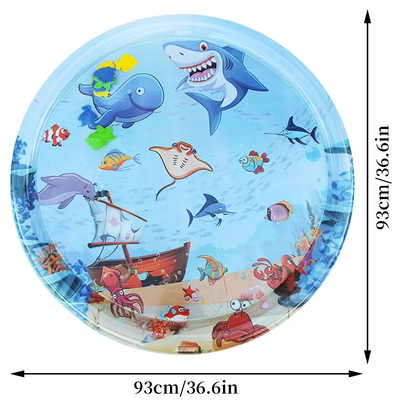 1pc 93cm Large Baby Playing Water Mat Shark Pattern PVC Inflatable Round Play Mat Cushion Toddler Pad Kids Early Educational Toy