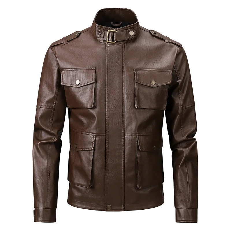 Autumn  men's zipper leather jacket European style trendy stand up collar multi pocket motorcycle leather jacket windproof  top