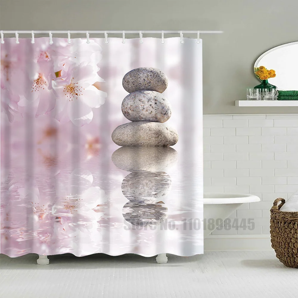 Zen Landscape Stone Bamboo Shower Curtain Waterproof Polyester Art Bathroom Curtain Flower Yoga Chinese Buddhist Shower Curtain