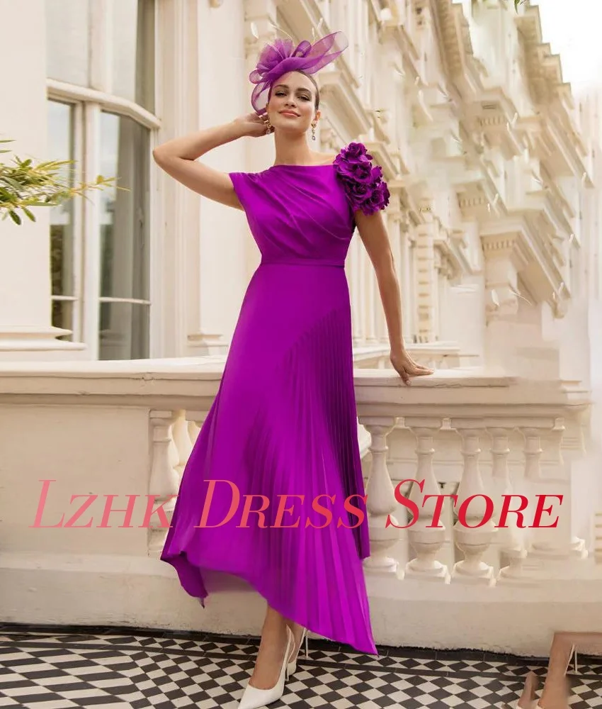 Robe de soirée trapèze en Jersey, personnalisée, exquise, fleurs 3D, haute qualité, col rond, longueur cheville, manches courtes, robes de célébrité