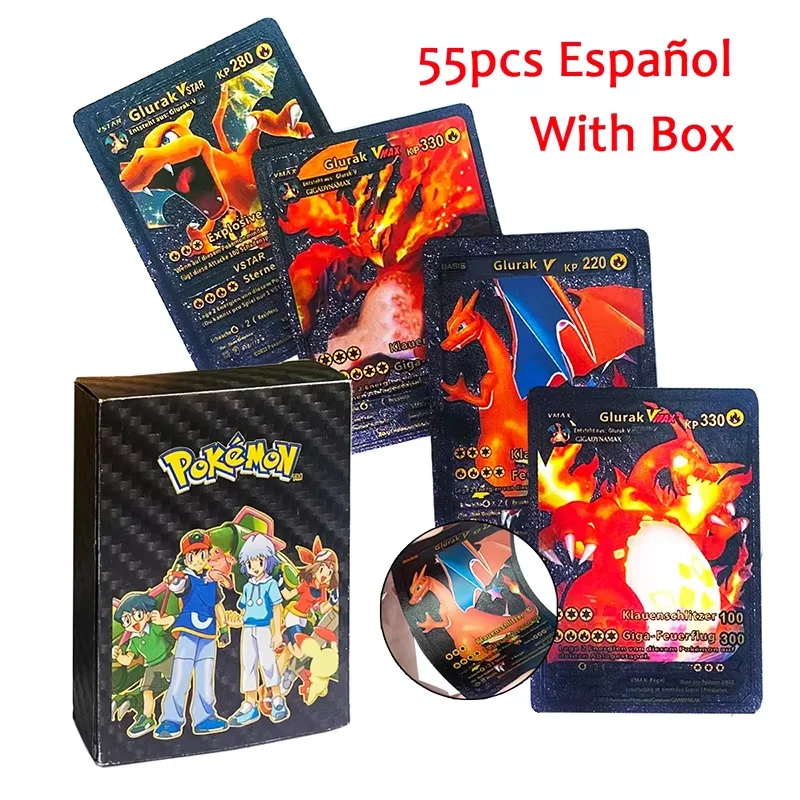 55 Stück Pokémon Goldfolienkarten Goldene Buchstaben Englisch Spanisch Spielkarten Charizard Vmax Gx Serie Charizard Bunte Pokémon Geschenk