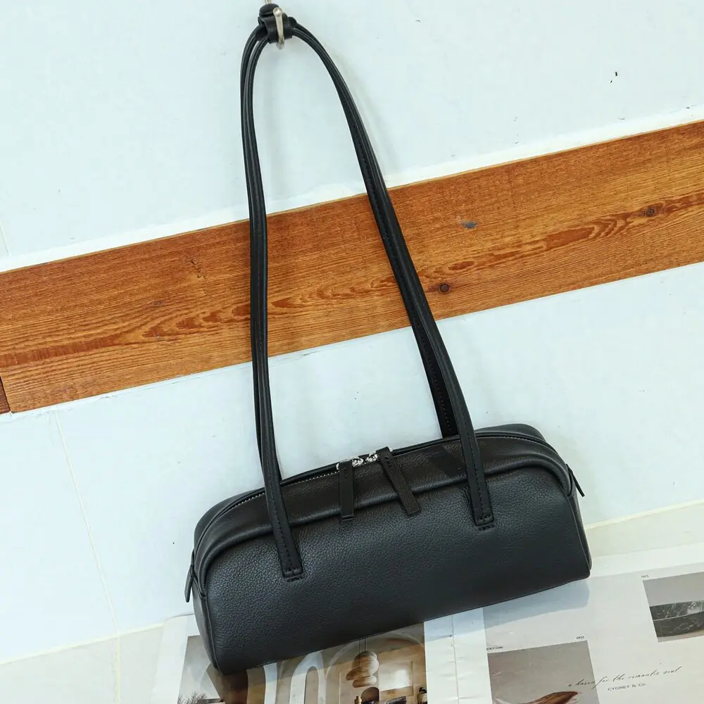 Mendy Genuine Leather Boston Bag Women Litchi Grain Zipper Top Double Handle Detachable Strap Luxury Designer Vintage Original