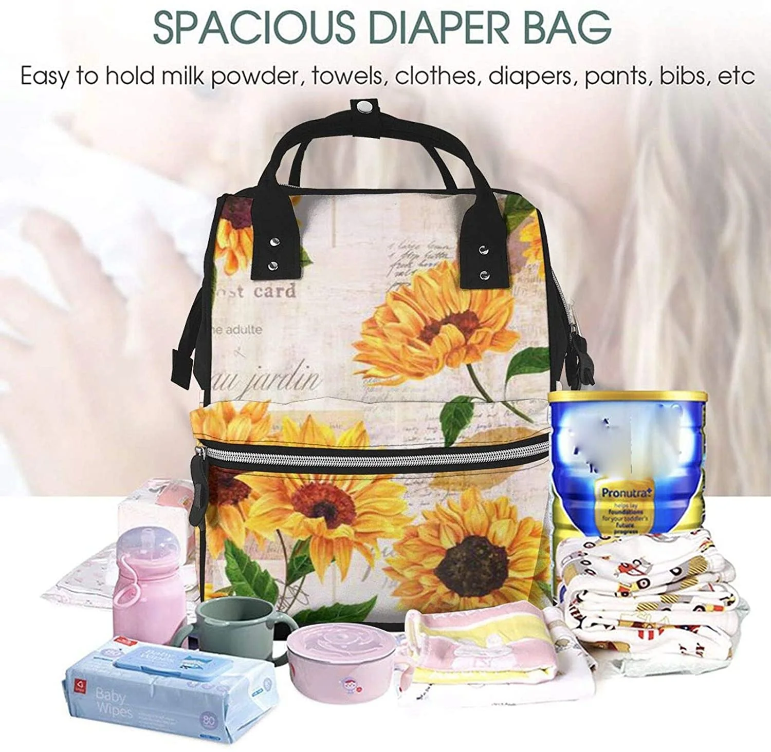 Vibrant Yellow Sunflowers Printed Mummy Backpack Diaper Bag Multi-Function Maternity Nappy Bags, Kid Bag with Laptop Pocket