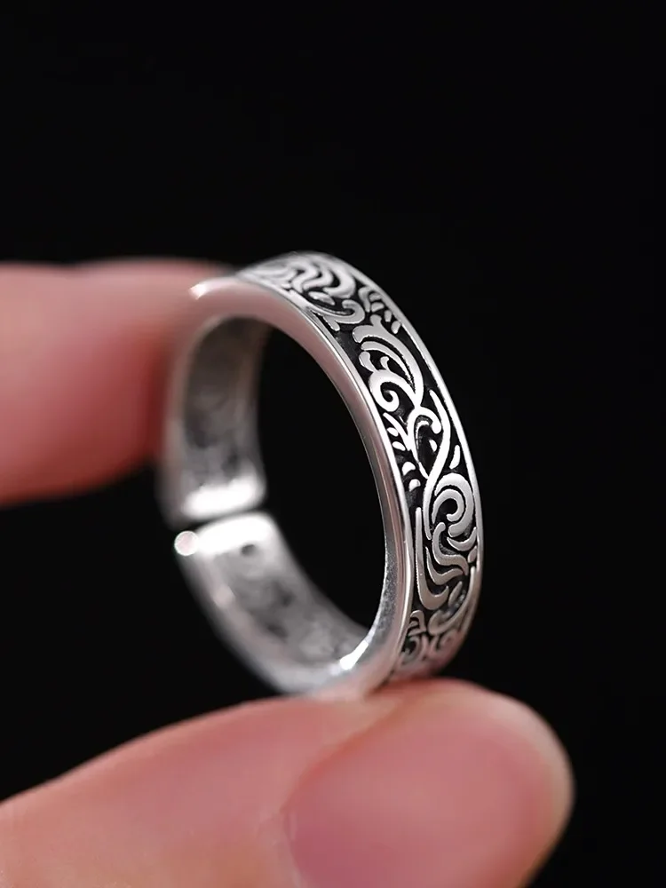 New Silver Color Retro Old Tang Grass Pattern Rings for Women Classic French Boys\' Index Finger Ring Gift Gothic Jewelry