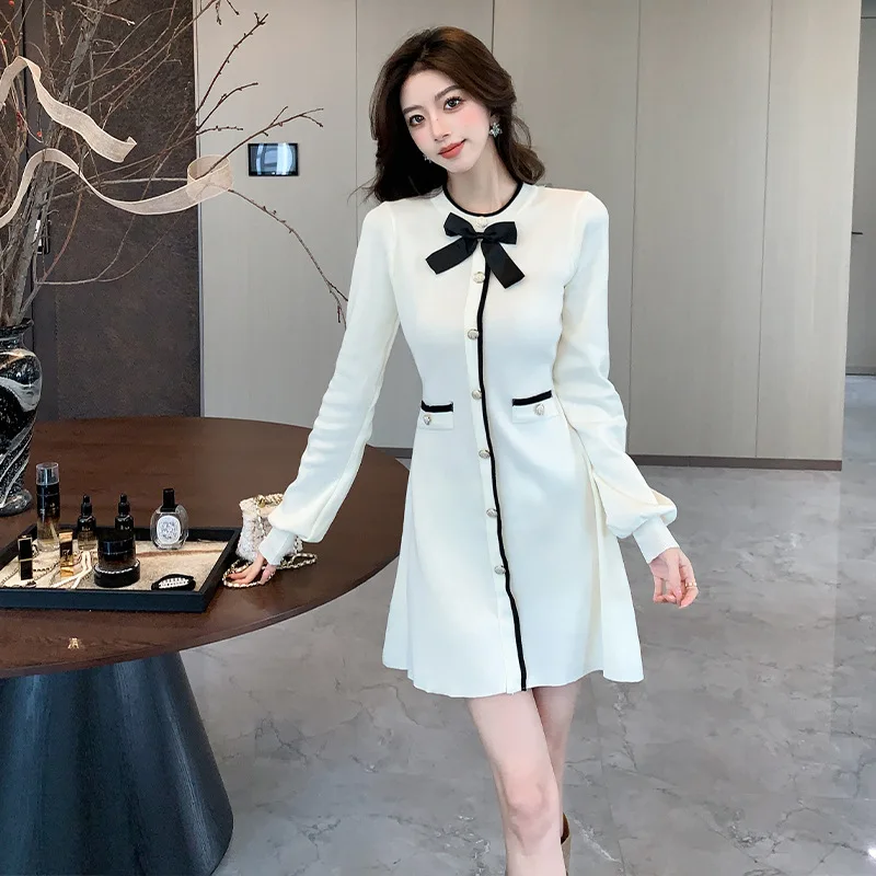 Women's Autumn Winter Fragrant Round Neck Long Sleeved Cute Slim Knit Sweater Dress
