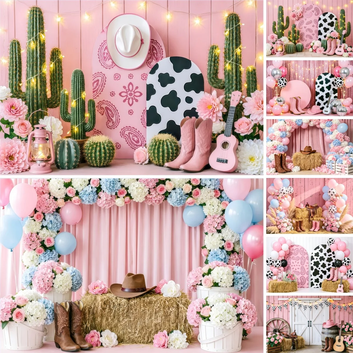 Rosa Western-Farm-Fotografie-Hintergrund mit Ballon-Blumenbogen, Holzplanke und Grasstapel für Mädchen-Geburtstag, Hochzeitsfeier, Deko-Fotohintergrund