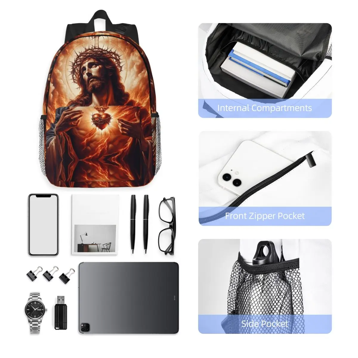 Jesus Christ Angelic Heart Religious Design With Roses & Gold Accents Backpack BookBag Men Women School Bag Laptop Shoulder Bags