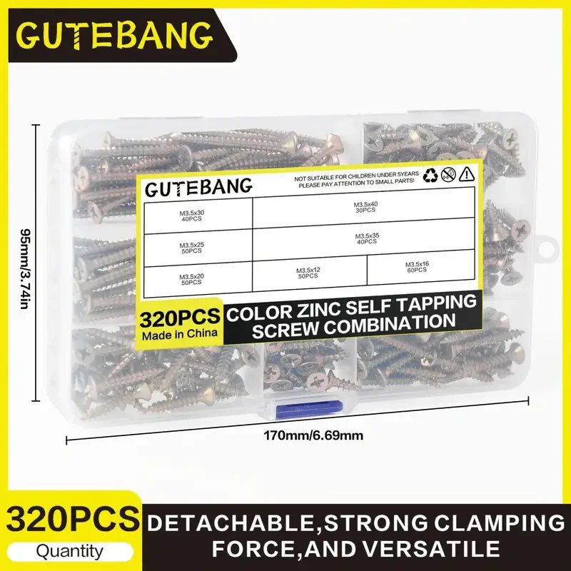 

320pcs M3.5 Flat Head Wood Screws Assortment Kit - Yellow Zinc-Plated Self-Tapping Screws with Phillips Drive, Countersunk Flat