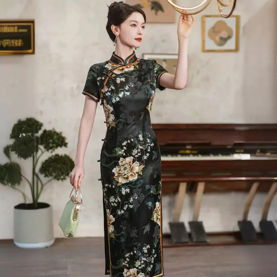 

High-End Interwoven Improved Cheongsam Qipao 2024 New Summer Women's Retro National Style High Quality Real Silk Dress Long