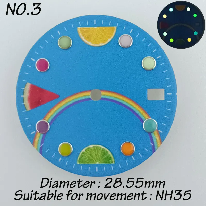 Mostrador de relógio nh35 de 28.5mm com padrões de desenhos animados de pôquer verde azul luminoso mostrador asséptico acessórios de relógio modificados para movimento nh35