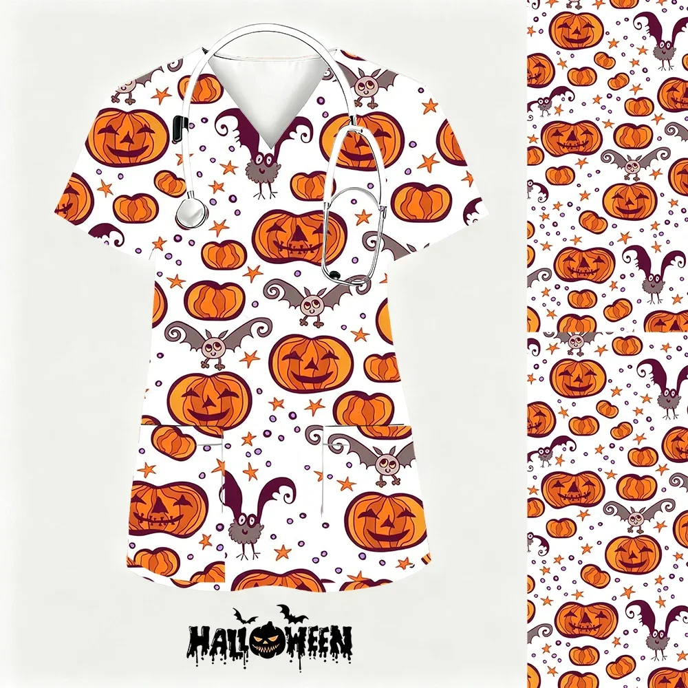 ชุดยูนิฟอร์มพยาบาลลายฮาโลวีน ผู้หญิง ลายฟักทอง ผี พิมพ์ลาย 3 มิติ ชุดลำลองฤดูร้อน คอวี มีกระเป๋า แฟชั่นพยาบาล แขนสั้น