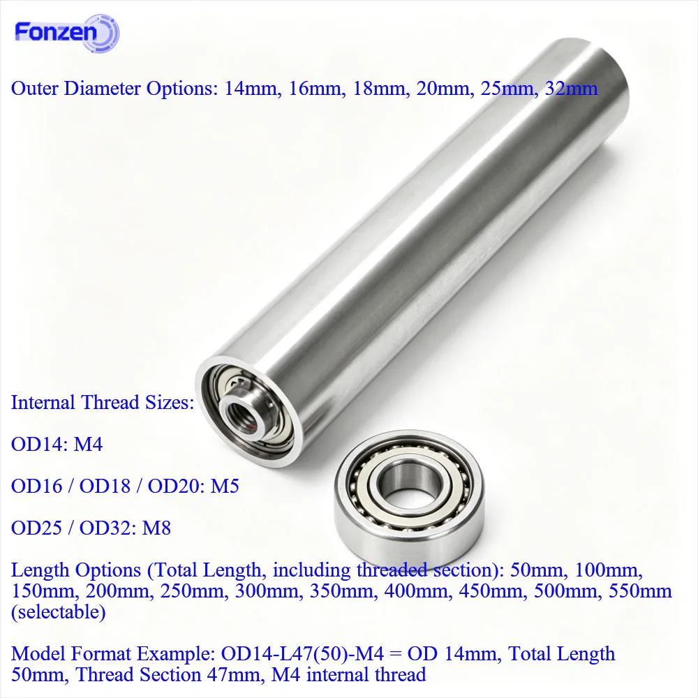 Stainless Steel Double Bearing Non-Powered Roller Double-End Threaded Transition Idler Roller Set OD14-32mm Length 50-550mm