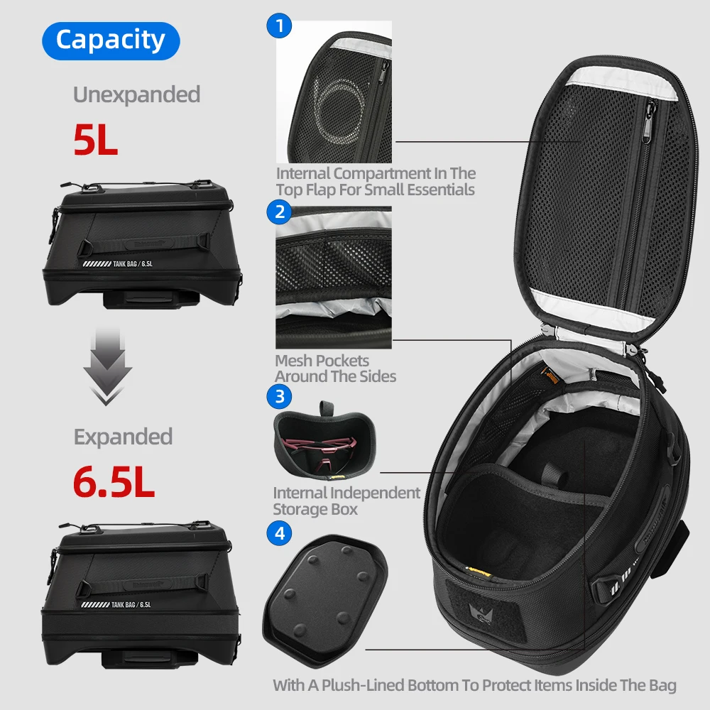 Rhinowalk Motorcycle Magnetic Tank Bag 6.5L Quick Release Expandable Anti-theft Motor Luggage Fit For BMW KTM CFMOTO Triumph