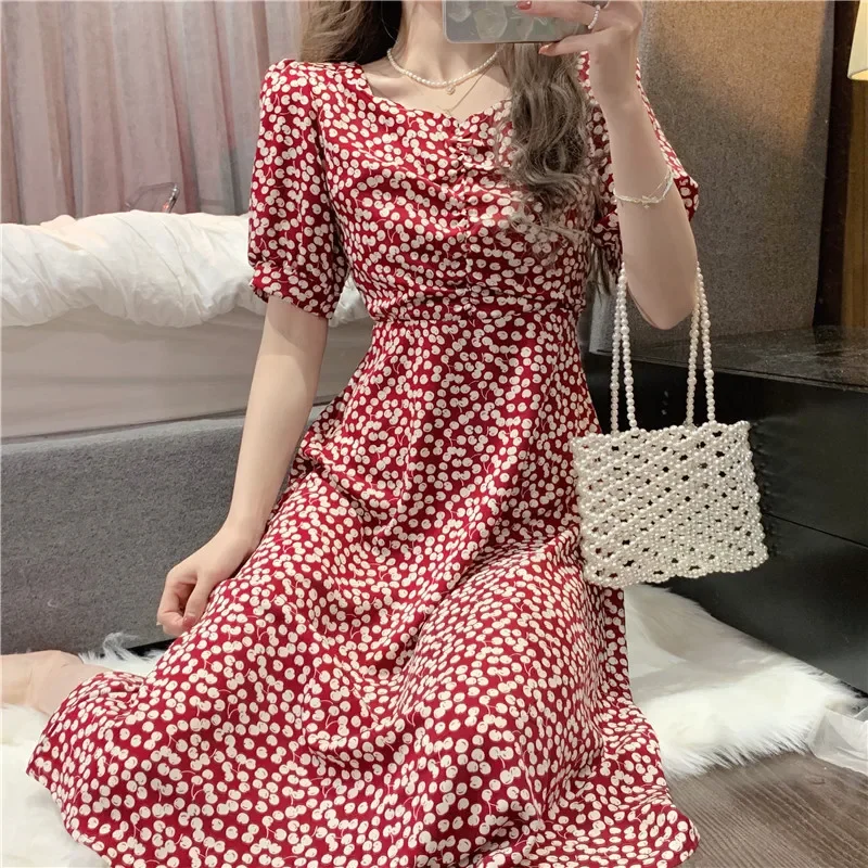 Vestidos De Verano Mujer 2022 New Summer One-piece Dress High Waist French Style Elegant Bubble Sleeve Floral Dress Short Sleeve