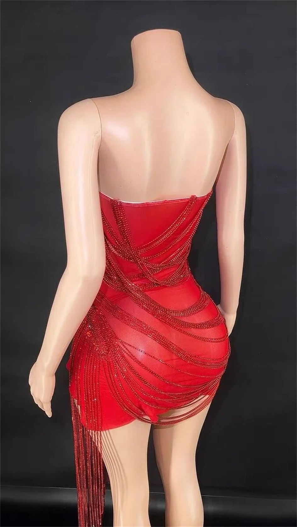 Luxury Shining Red Diamonds Long Tassels Women Celebrate Birthday Evening Party Elegant Dress Sexy Strapless Mini Dress