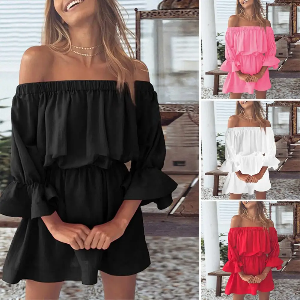 

Boho Dresses for Women 2024 Summer Sexy Off Shoulder Solid Color Flare Sleeve Tunic Dress Women Casual Mini Sundress Vestido