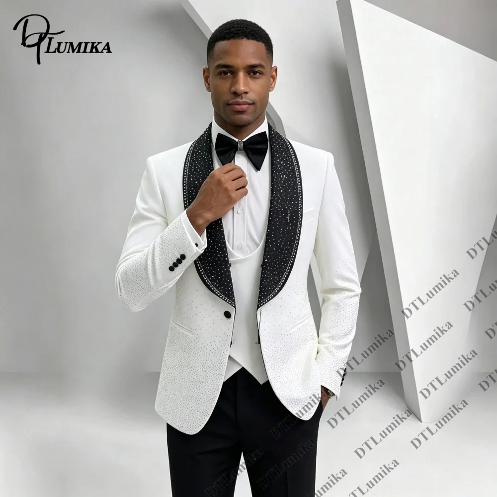 Slim Fitting Wedding Suit for Men Three Pieces Rhinestones Men Suits Jacket Vest Pants Modern Costume for Groom Entry Opening