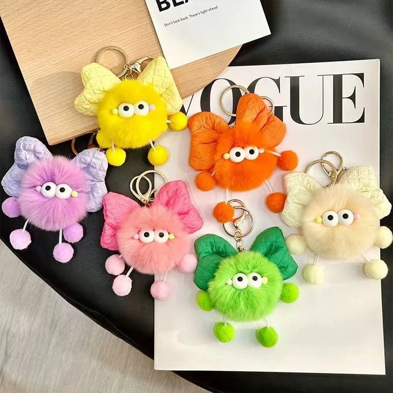 Cute Cartoon Big Eyes Plush Doll Bow Key Rings Funny Ball Car Keychain Pendant Toys Backpack Decoration Accessories Gifts