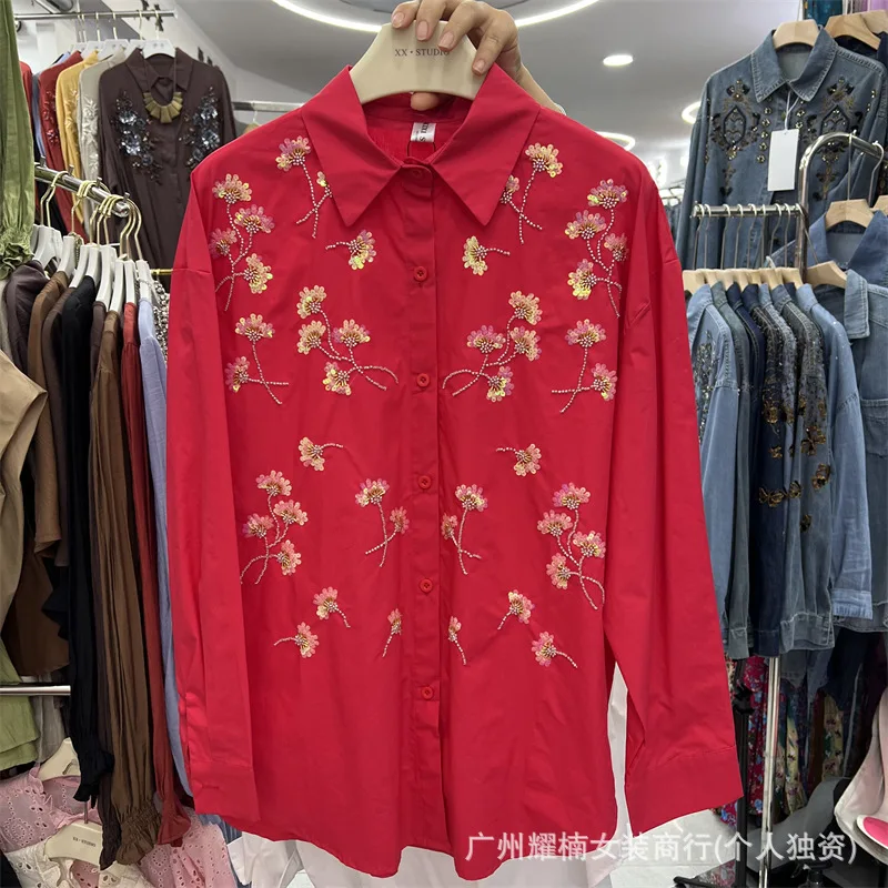 Fashionable New Spring Autumn Loose Women Shirts Embroidery Sequins Flowers Casual Cardigans Top Long Sleeve Female Blouses