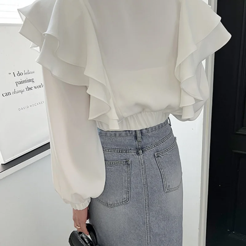 Women's White French Chic Double Layer Ruffle Zip Up Jacket Korean Style Short Cardigan Thin Coat Top