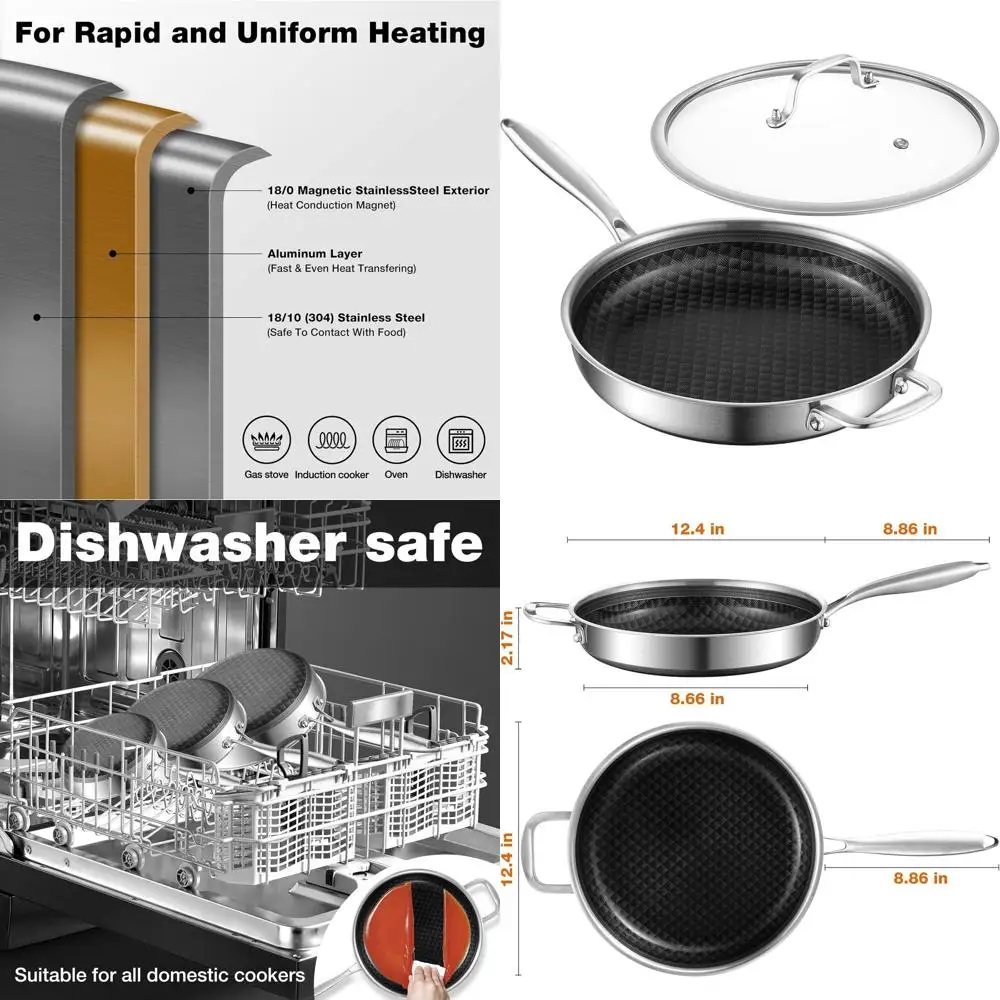 

12-дюймовая керамическая сковорода из нержавеющей стали с антипригарным покрытием и трехслойной конструкцией, ручками Cool-Touch, можно мыть в посудомоечной машине и в духовке.