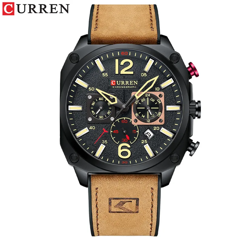 

Fashion Curren Top Brand Chronograph Man Calendar Sport Men Watch Military Luxury Grey Genuine Leather Male Clock Gift 8398