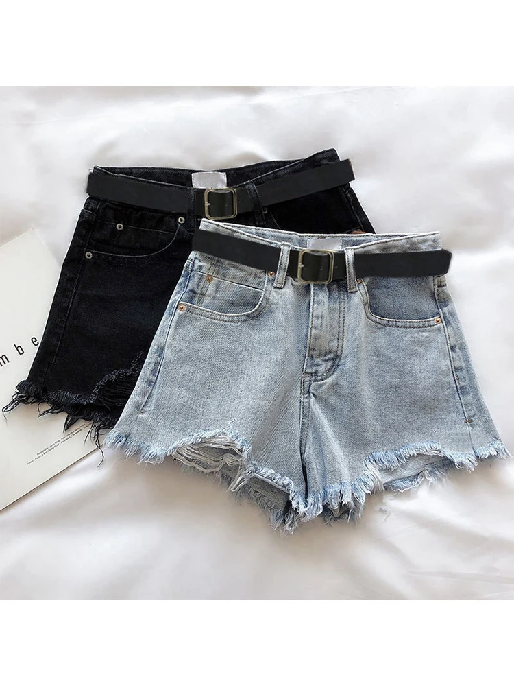 Women's Grey Mini Denim Shorts 90s Aesthetic Baggy Jeans Shorts Emo 2000s Y2k Vintage Tassel Short Pants Harajuku 2000s Clothes