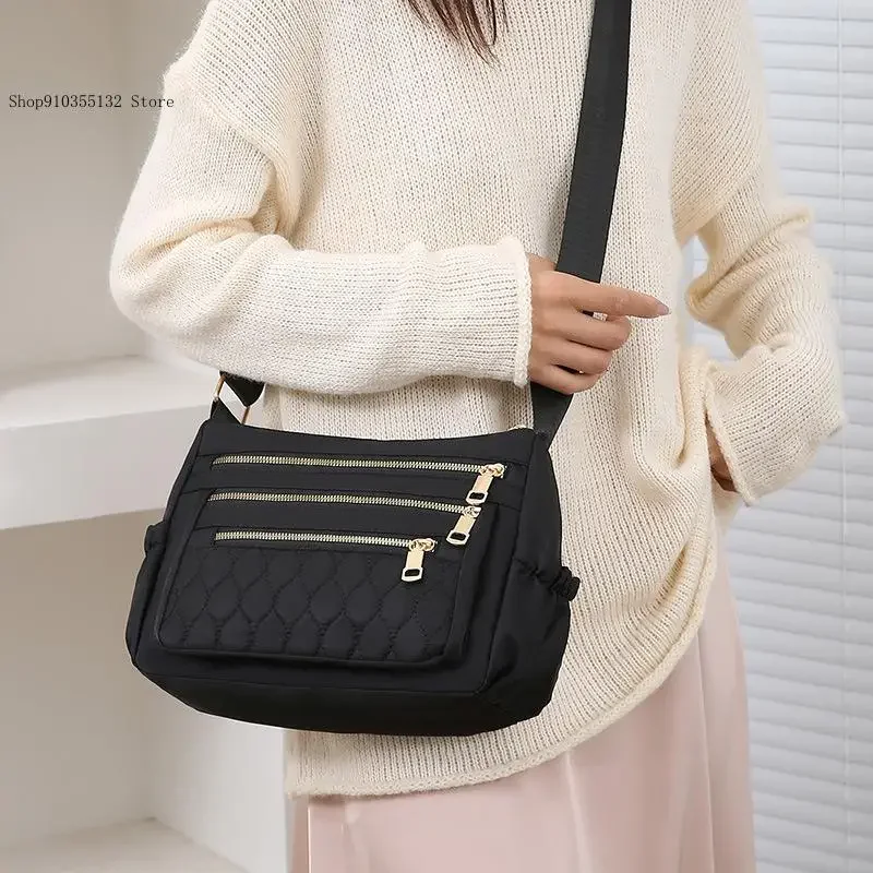 Casual Solid Color Nylon Fabric Multiple Zipper Compartments Single Shoulder Crossbody Small Square Bag Middle-Aged Women