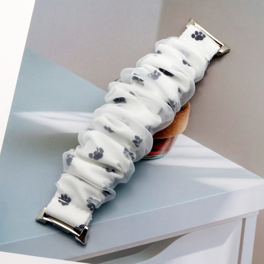 White Printed Fabric Strap for Samsung Galaxy Watch 9/8 Band Watchband/ Galaxy Watch 8 Classic Stretchy Scrunchies Double Layer