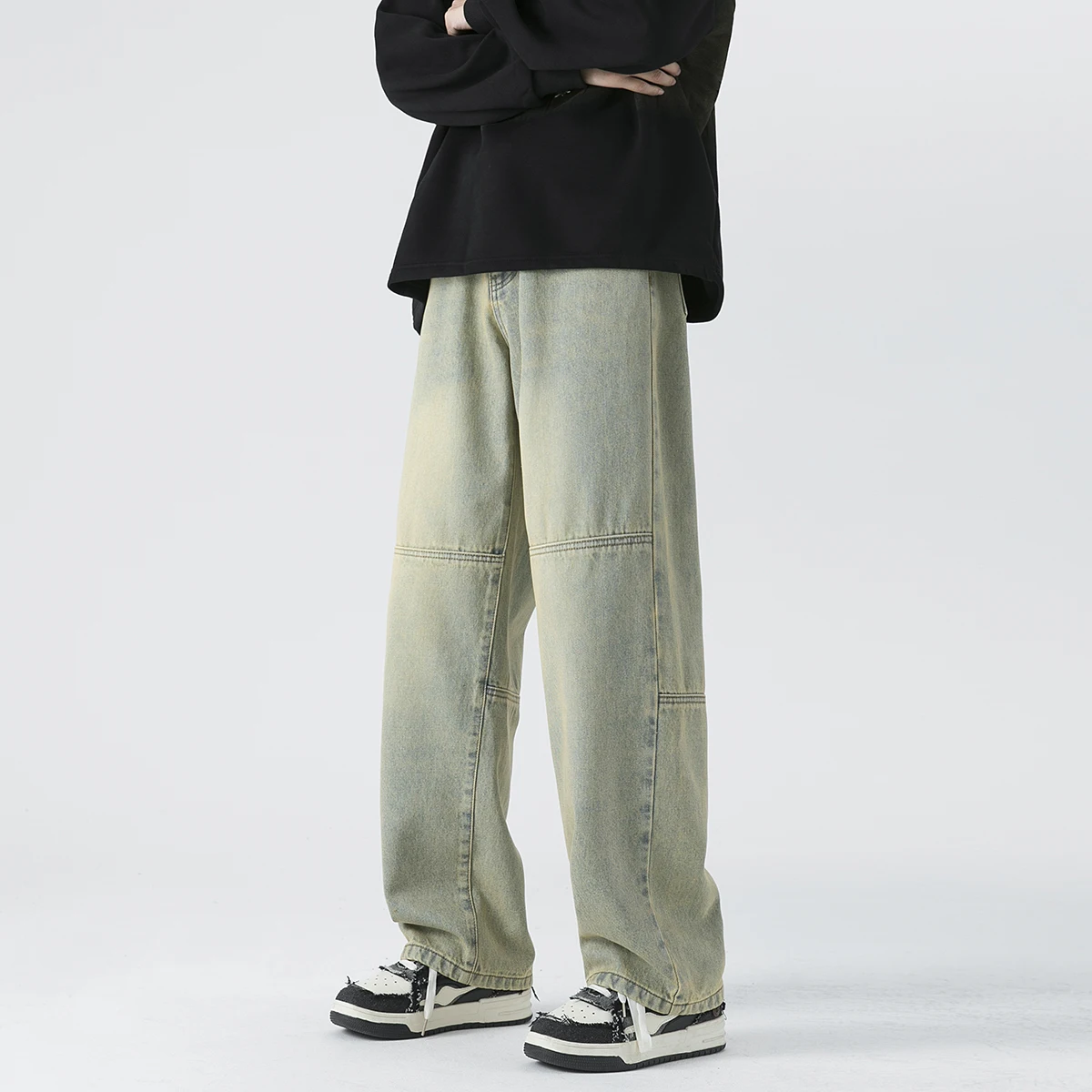 

Spring New Men's Denim Wide-leg Pants American patchwork Fabric Fashion Baggy Jeans Male Brand Clothes Black Blue INS