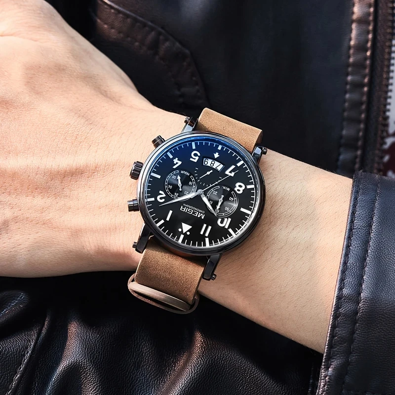 MEGIR 2149 jam tangan kuarsa untuk pria, Arloji kulit kasual tahan air, jam tangan bisnis bercahaya dengan fitur Chronograph untuk pria