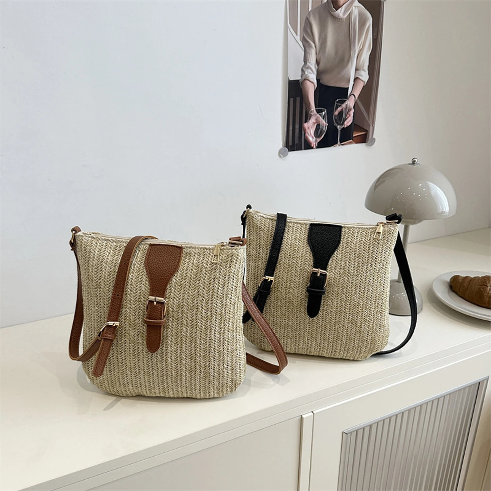 

Straw Crossbody Bag for Women Fashion Shoulder Purse with Decorative Buckle Design Casual Bag for Beach Travel Outdoor