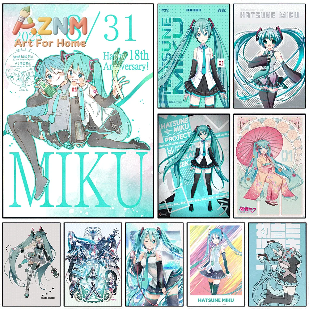 AZNM Hatsune Miku 18th Anniversary Canvas Painting, Frameless Canvas Wall Art, Virtual Singer Anime Wall Painting for Bedroom