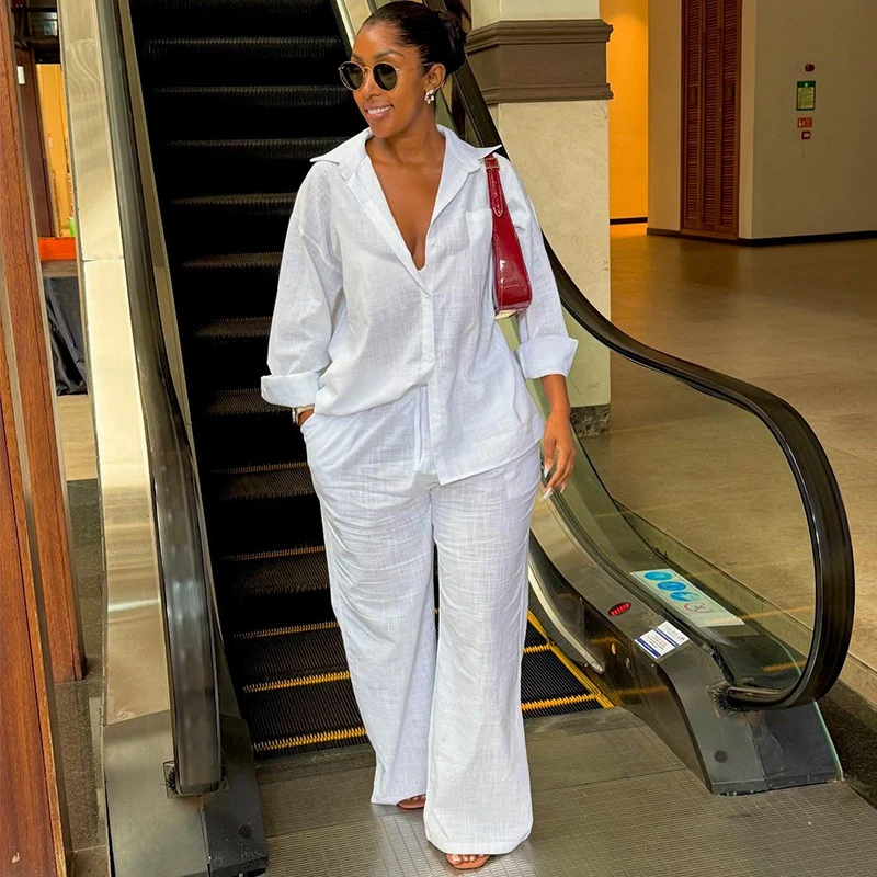 New African Fashion Women White Two Piece Set Long Sleeve Loose Shirt And Pants Set