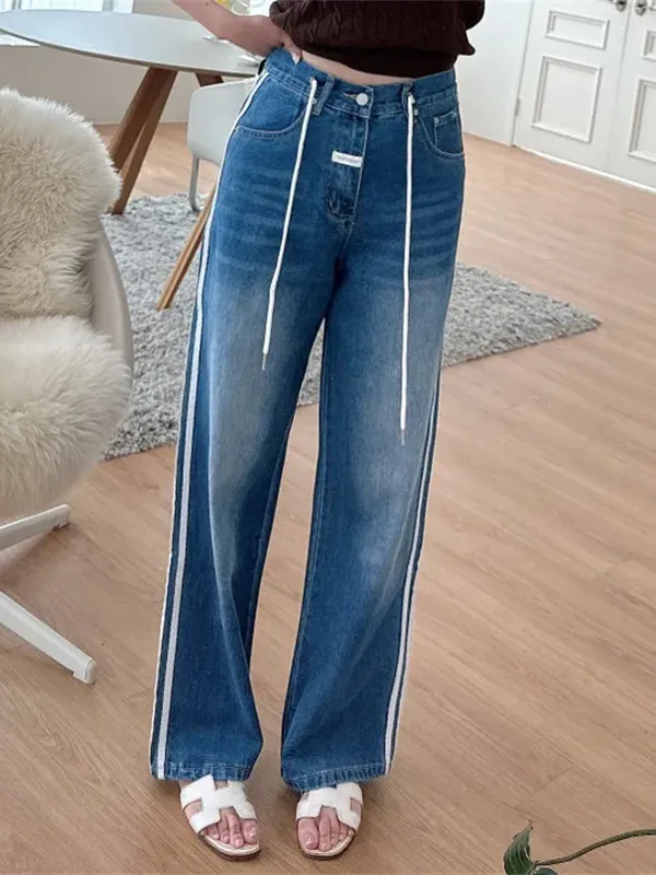 

Chic High Waist Striped Denim Pants with Embroidered Knot Print Straight Leg Jeans for Women Age Defng Spring Fas...