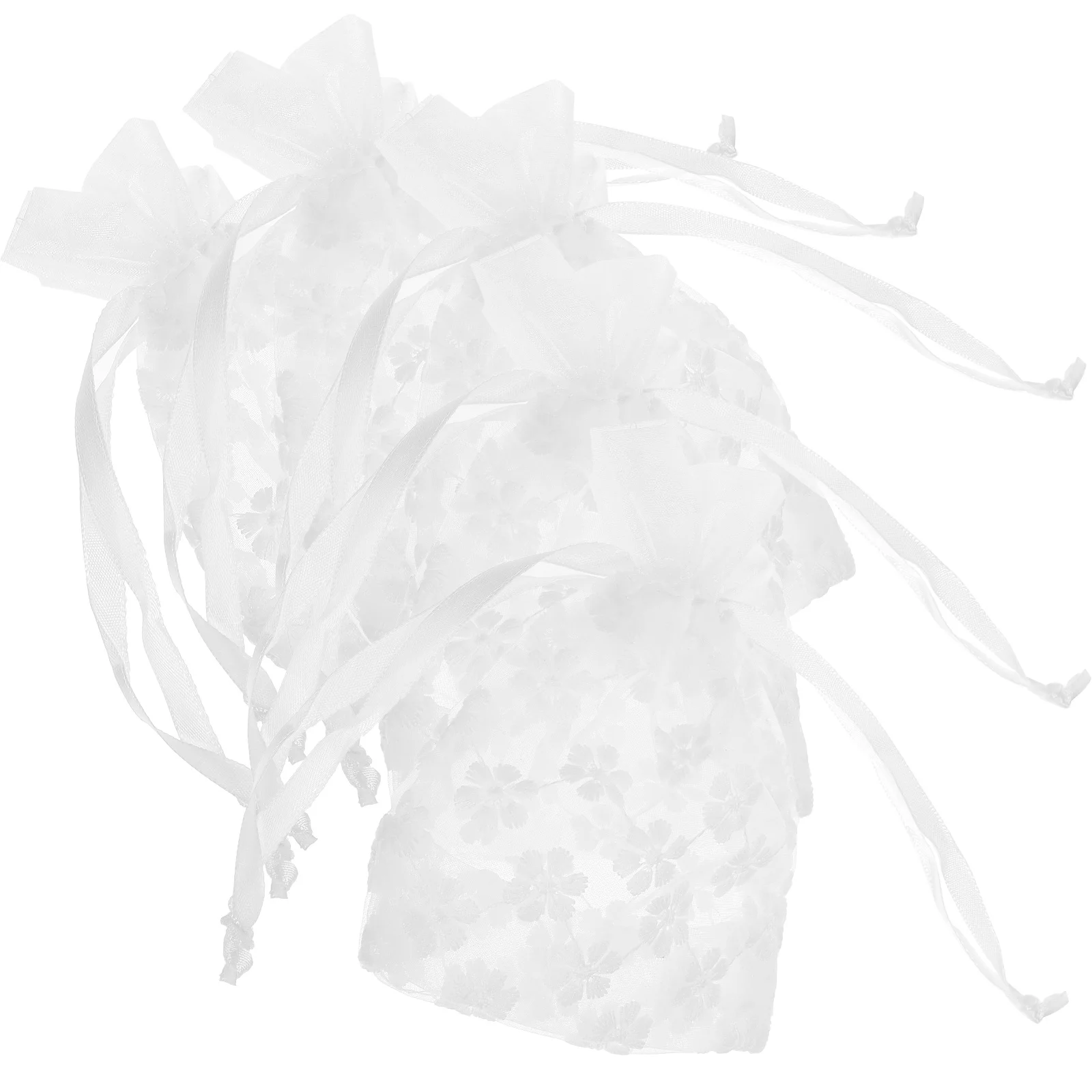 

5 Pcs 10x14CM White Flower Embroidery Mesh Drawstring Bags Lightweight Jewelry Gift Party Favor Storage Christmas Wedding Bags
