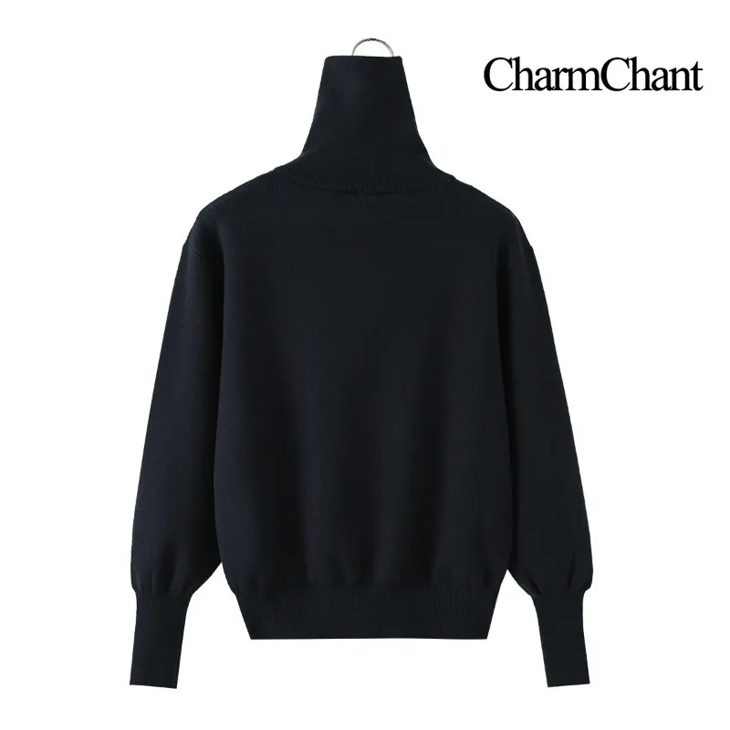 CHARMCHANT Women's Half Zip Turtleneck Knit Sweater Long Sleeve Pullover Balloon Sleeve Drop Shoulder Oversized Solid Color 2026