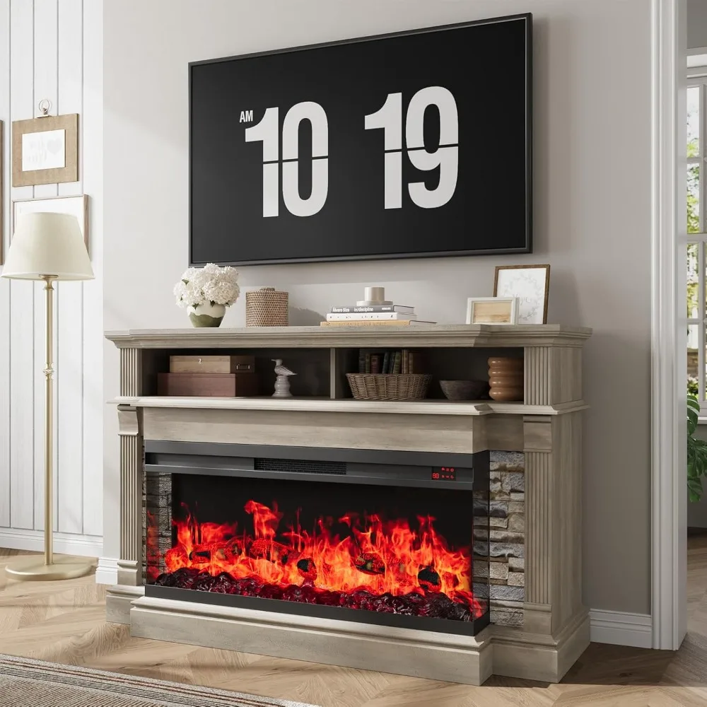 Farmhouse Style 52 Electric Fireplace TV Stand for 65 TVs with 36 Glass-Front Fireplace and Entertainment Center