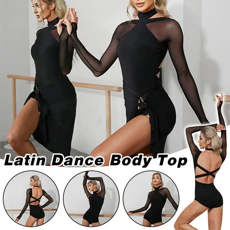 

Women Latin Dance Body Top Mesh Conjoined Backless Cross Belt Training Suit Long Sleeves Backless Top Dance Dress Performance