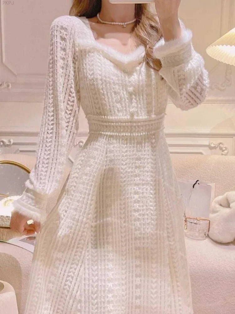 Pink Elegant Evening Party Midi Dress Women Knitted White Vintage France Dress Female Square Collar Korea Cute Dress Winter 2024