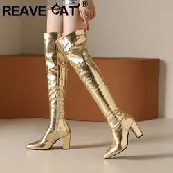 REAVE CAT Fashion Women Thigh Booties Pointed Toe Chunky Heel 8.5cm Sexy Party Female Boots 43 44 45 46