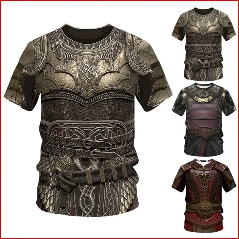 3D Print Medieval Armor Pattern T Shirt Men's Casual Funny Tee Tops Round Neck Kids Short-sleeved T-shirt Streetwear Ropa Hombre