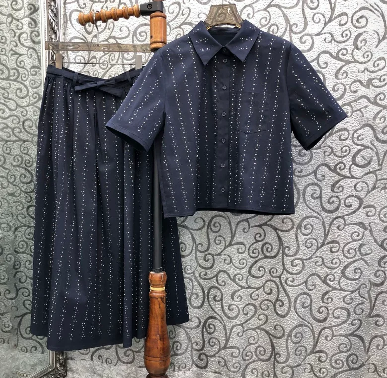 Ladies' Light Luxury Starry Sky Hot Diamond Lapel Short Sleeved Shirt High Waisted Lace Up Skirt Set