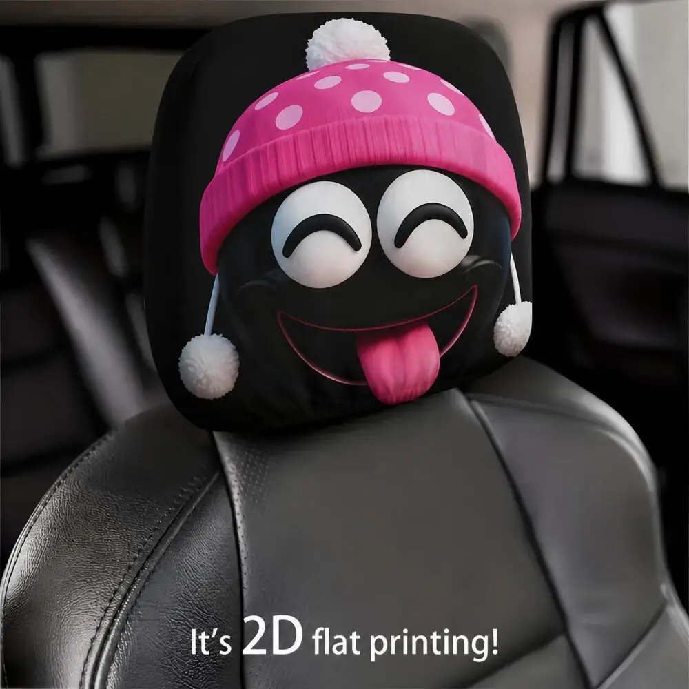 1Pc Cute Black Coal Ball Car Headrest Cover, Pink Polka Dot Beanie, Winking Tongue-Out, 2D Printed, Elastic Universal Fit
