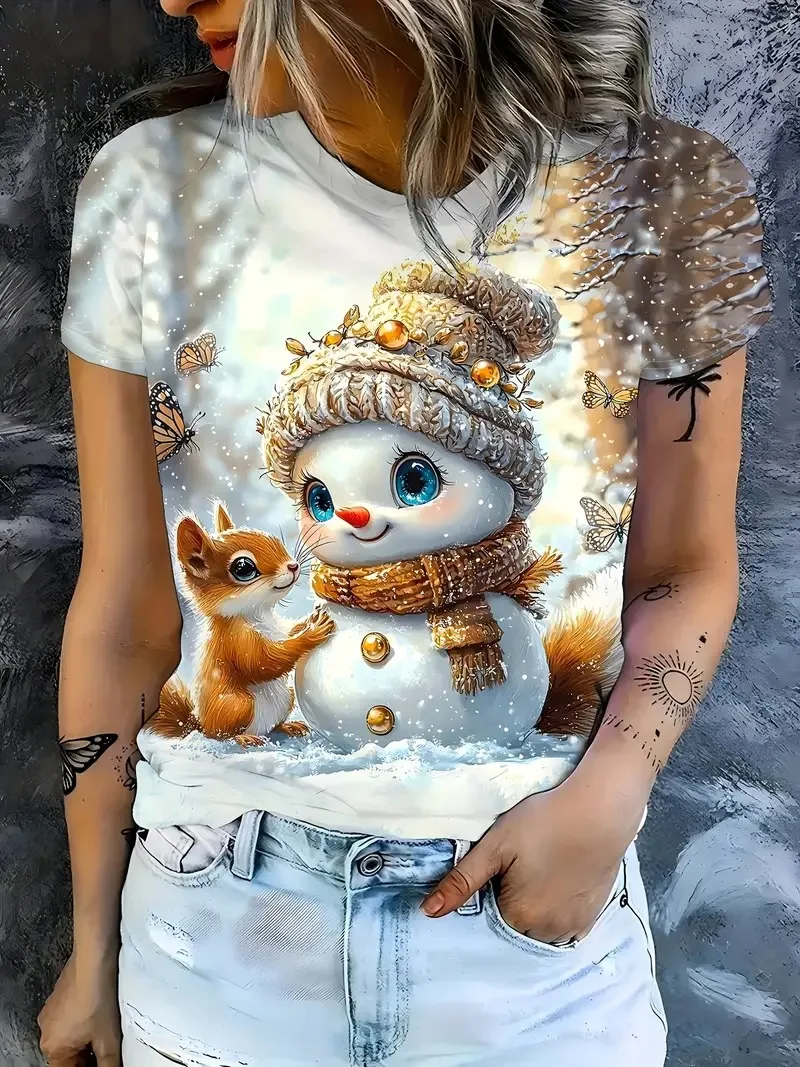 크리스마스 눈사람과 다람쥐 3D 프린트 여성 티셔츠 패션 크리스마스 테마 캐주얼 반팔 크리스마스 여성 의류