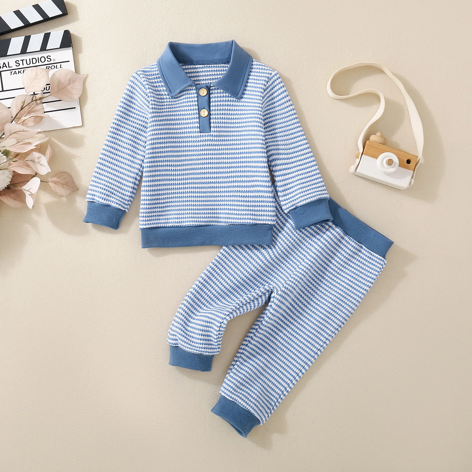 Spring and Autumn New Baby Boys and Toddlers Striped Lapel Long Sleeve T-Shirt Top and Striped Pants Two-piece Fashion Casual
